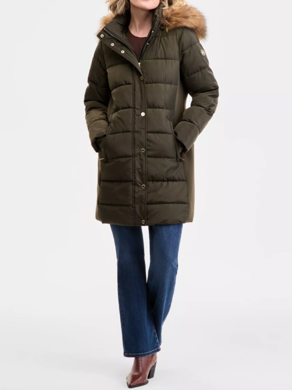 MICHAEL KORS Faux-Fur-Trim Hooded Puffer Long Coat Size 1X Ivy Olive Green $285